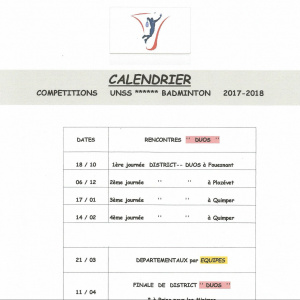 Calendrier UNSS badminton 2017 2018